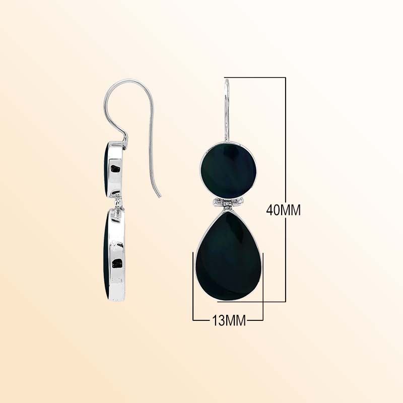 Sophisticated sterling silver Black Shell earrings with glossy round and teardrop drops, luminous polished bezel frames, graceful articulated movement, and slender elongated ear wires.