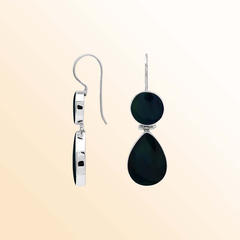 Sophisticated sterling silver Black Shell earrings with glossy round and teardrop drops, luminous polished bezel frames, graceful articulated movement, and slender elongated ear wires.