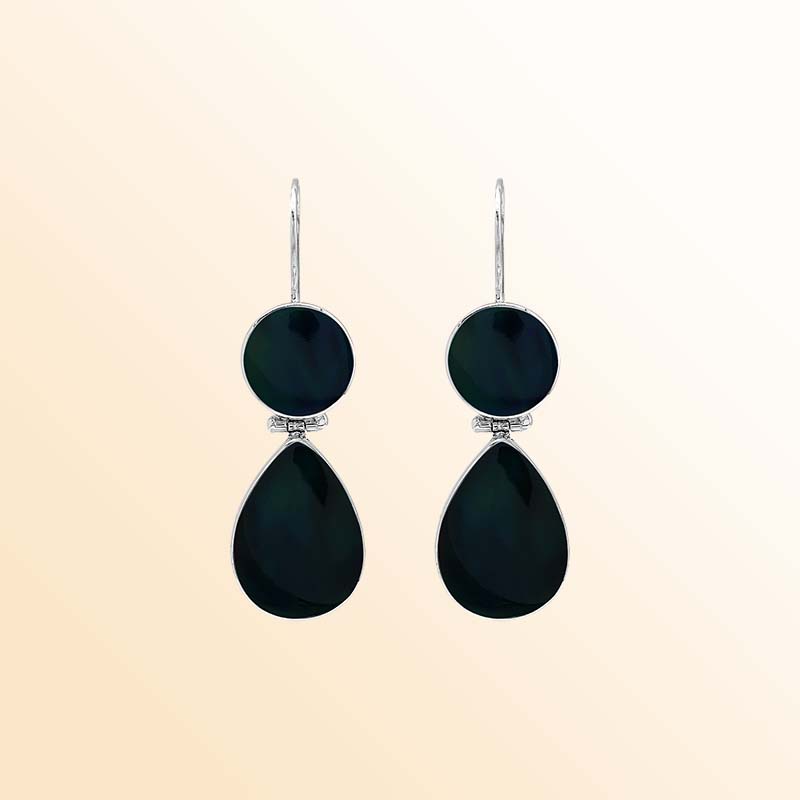 Sophisticated sterling silver Black Shell earrings with glossy round and teardrop drops, luminous polished bezel frames, graceful articulated movement, and slender elongated ear wires.