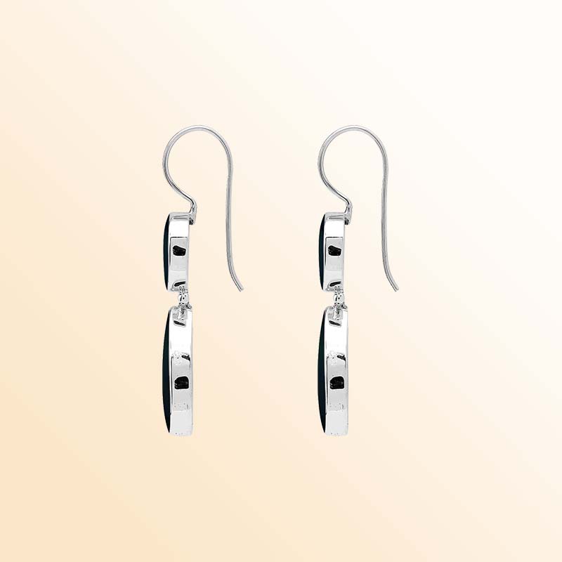 Sophisticated sterling silver Black Shell earrings with glossy round and teardrop drops, luminous polished bezel frames, graceful articulated movement, and slender elongated ear wires.