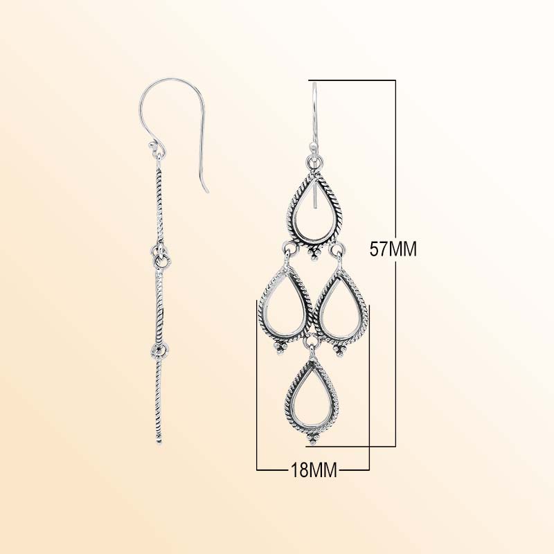 Artistic sterling silver chandelier earrings with cascading open teardrop frames, twisted rope detailing, delicate bead accents, elongated ear wires, and graceful articulated movement.