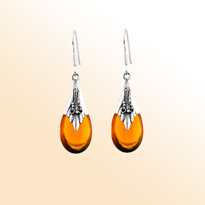 Sterling Silver Amber Golden Glow Teardrop Earrings For Women
