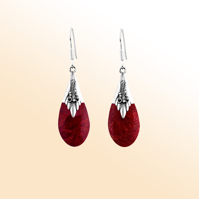 Sterling Silver Red Coral Fiery Grace Teardrop Earrings For Women