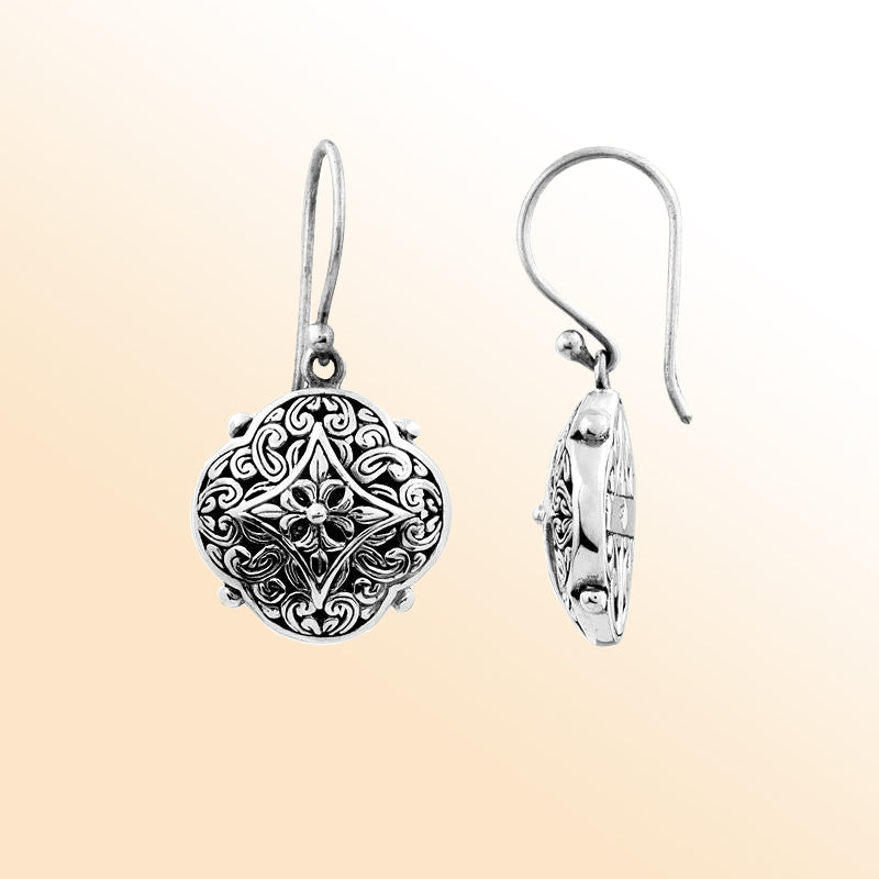 Sterling Silver Floral Round Heritage Engraved Earrings For Women