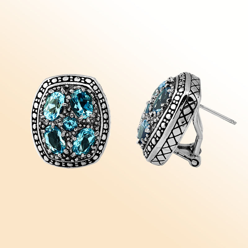 Sterling Silver Blue Topaz Quartz Cluster Earrings – Handcrafted Bali Handicraft Jewelry With Oxidized Antique Finish