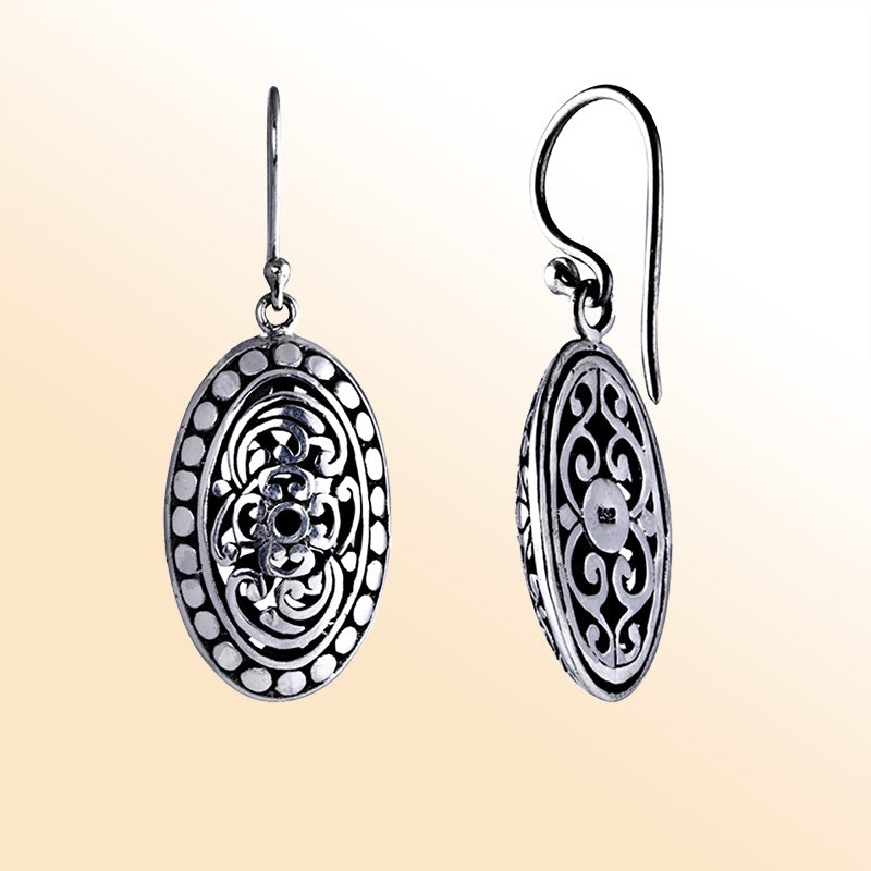 Sterling Silver Oval Filigree Dotted Frame Earrings For Women