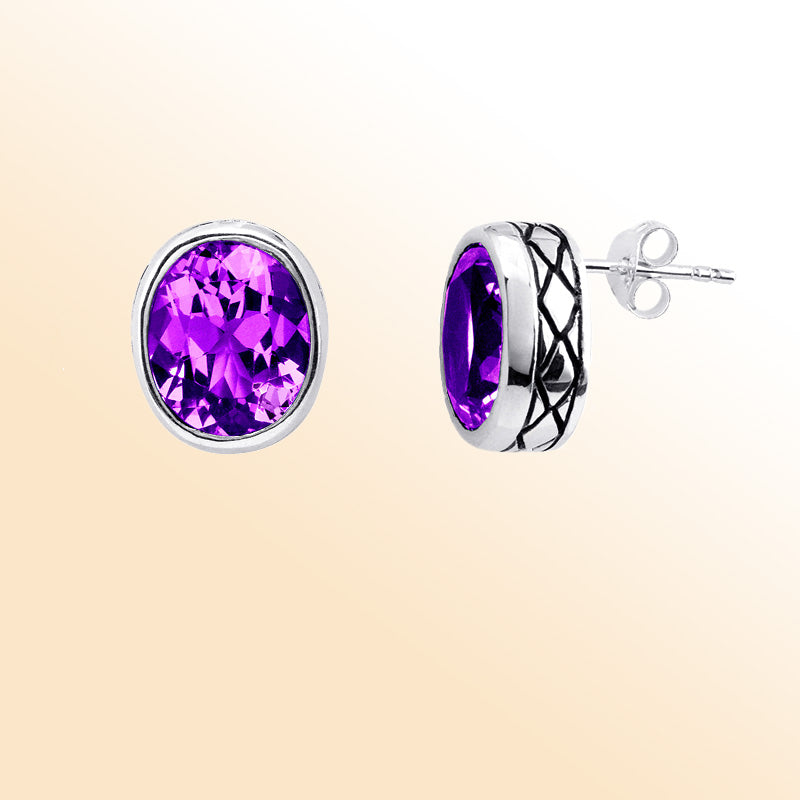 Sterling Silver Oval Amethyst Quartz Stud Earrings For Elegant Women