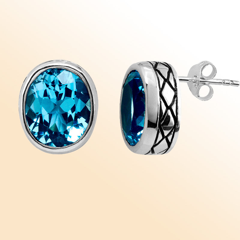 Sterling Silver Oval Blue Topaz Quartz Sparkling Stud Earrings For Women