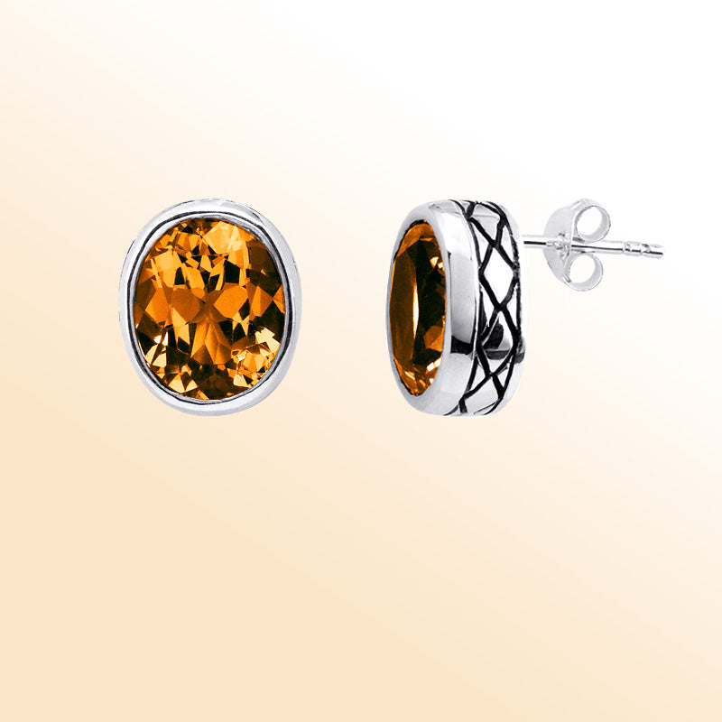 Sterling Silver Oval Citrine Quartz Sparkling Stud Earrings For Women