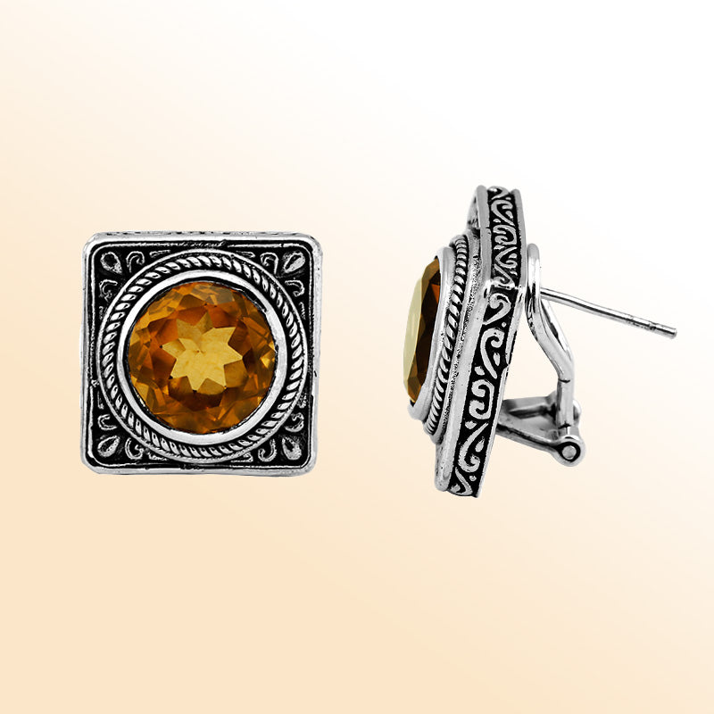 Artistic Citrine Quartz Sterling Silver Square Stud Earrings