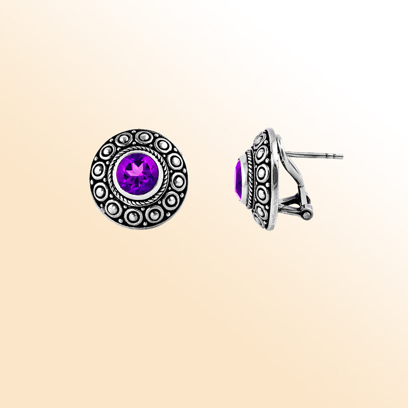 Sterling Silver Round Amethyst Quartz Artistic Omega Clip Earrings For Women