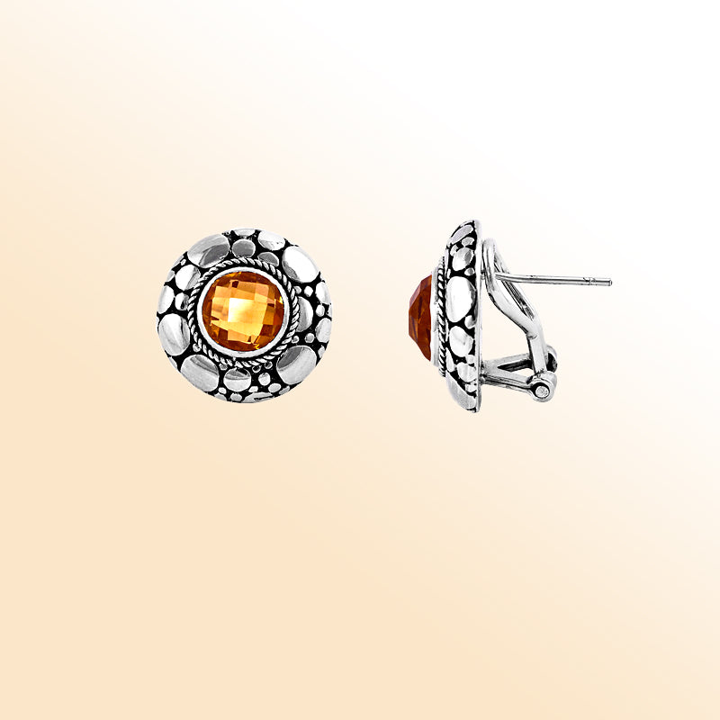 Sterling Silver Citrine Quartz Round Pebble Design Omega Clip Earrings