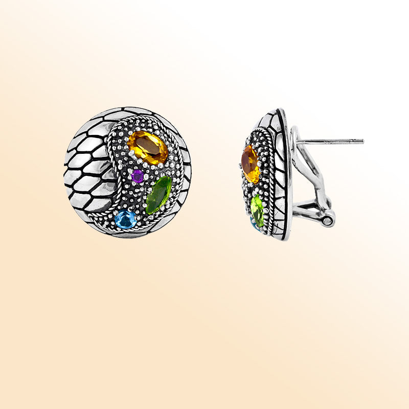 Sterling Silver Multi Stone Quartz Artistic Round Omega Clip Earrings With Oxidized Antique Finish