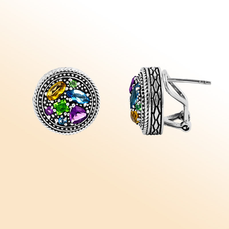 Sterling Silver Multi Stone Quartz Colorful Round Omega Clip Earrings