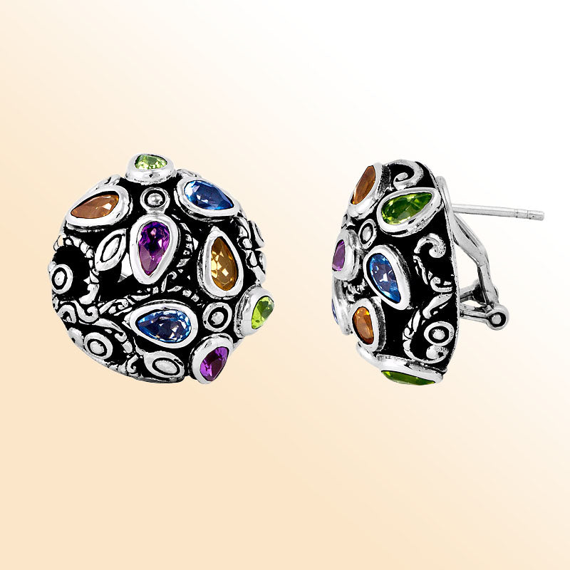 Artistic Sterling Silver Dome Earrings With Multi Stone Quartz Accents
