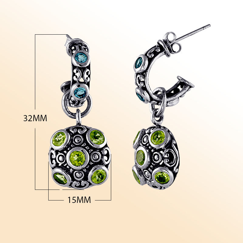 Artisan Sterling Silver Blue Topaz And Peridot Hoop Drop Earrings
