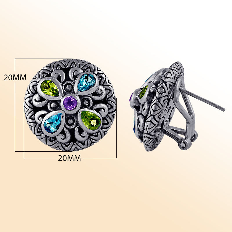 Artistic round silver earrings with colorful quartz floral accents