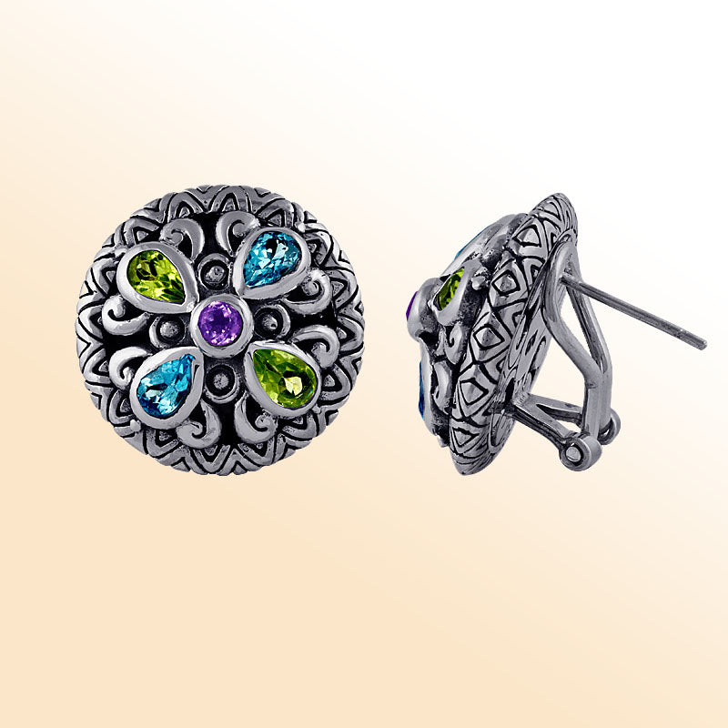 Artistic round silver earrings with colorful quartz floral accents