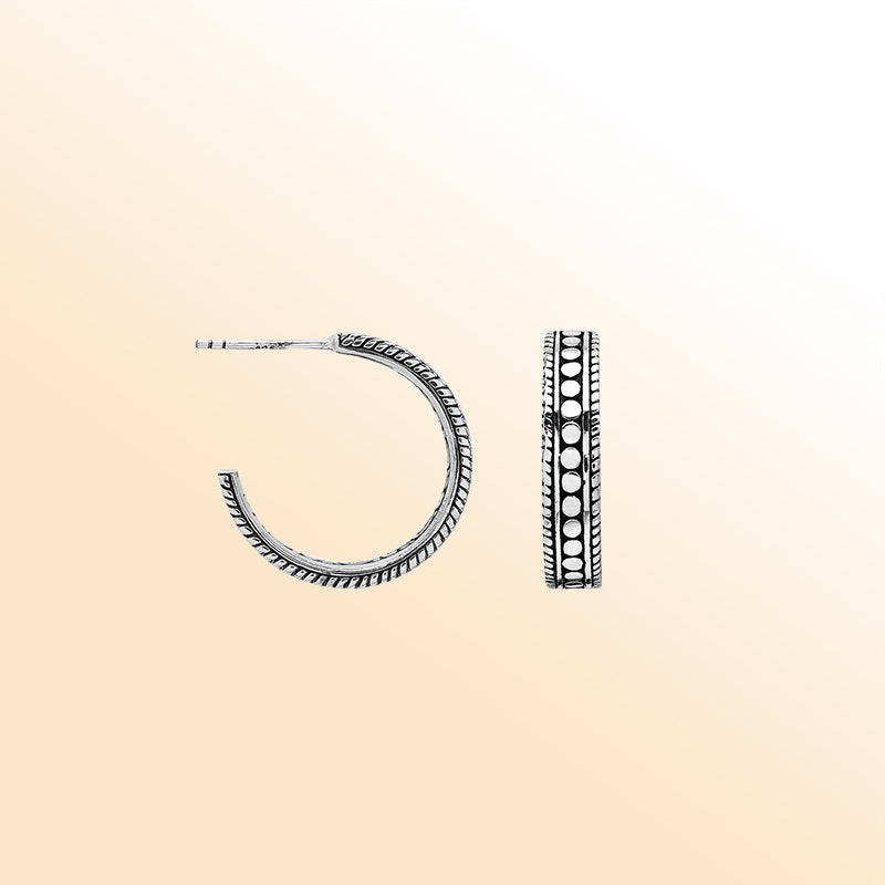Artistic silver hoop earrings with dotted center and rope edges