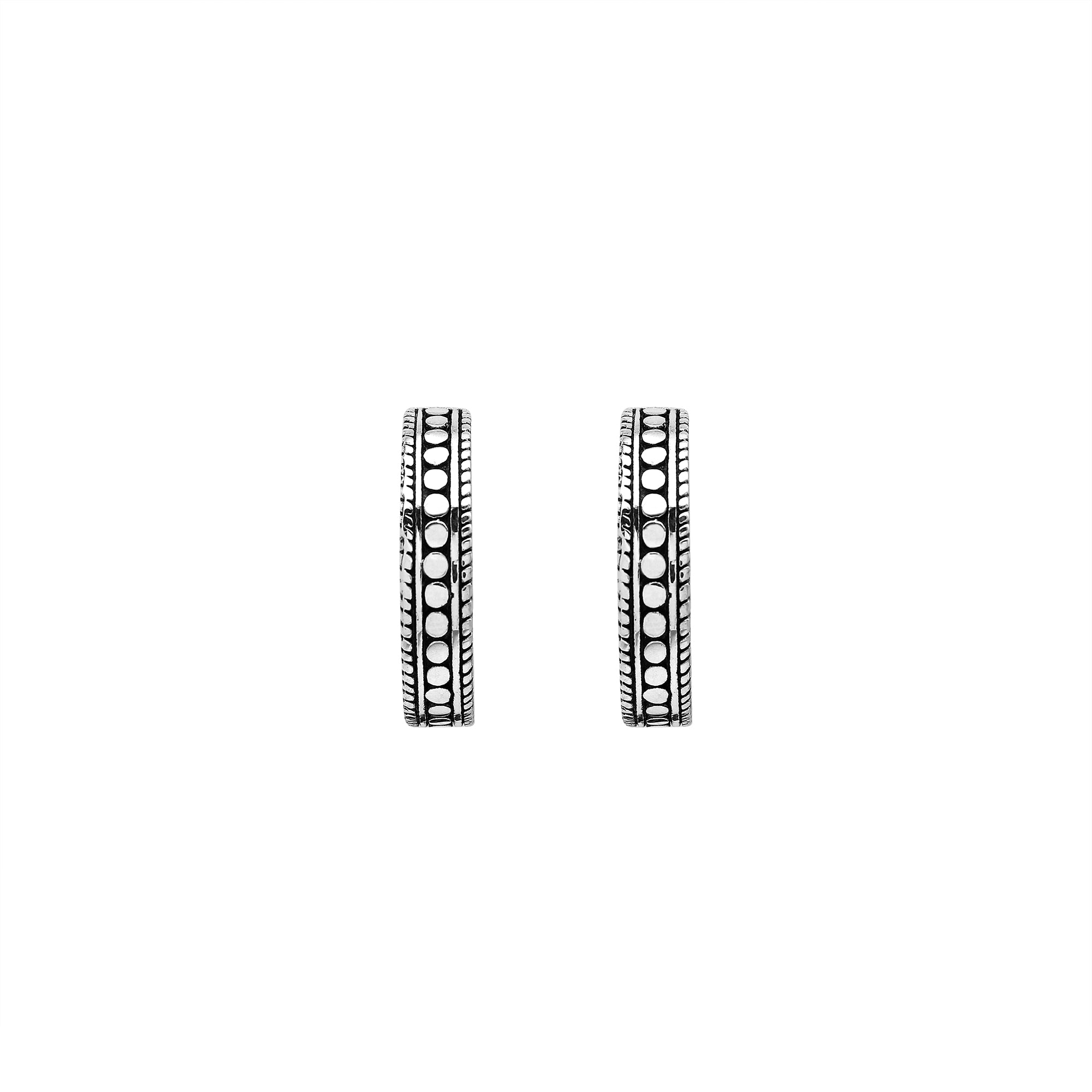 Sterling silver Bali hoop earrings with dotted design and rope detailing – lightweight handcrafted artisan jewelry for everyday wear.