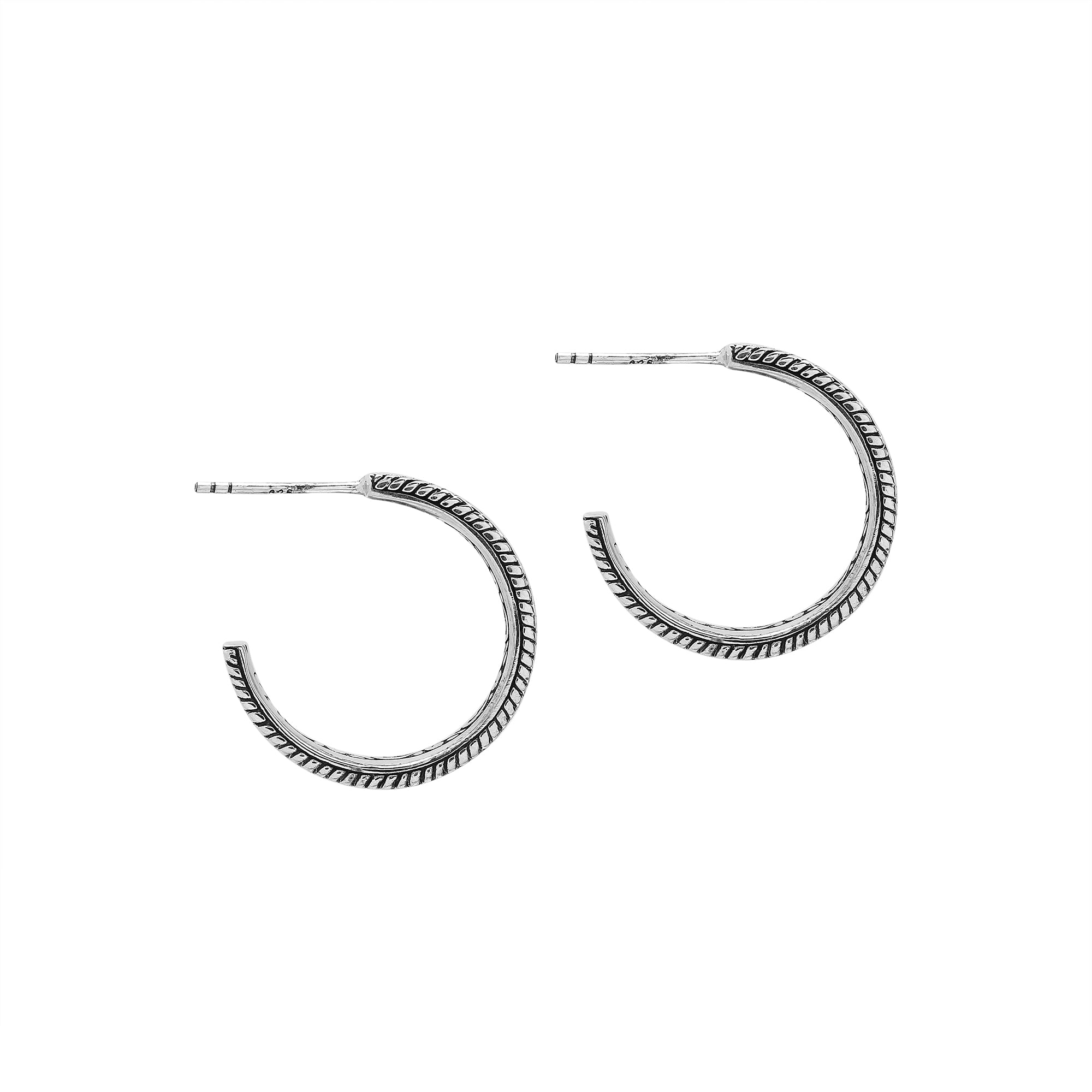 Sterling silver Bali hoop earrings with dotted design and rope detailing – lightweight handcrafted artisan jewelry for everyday wear.