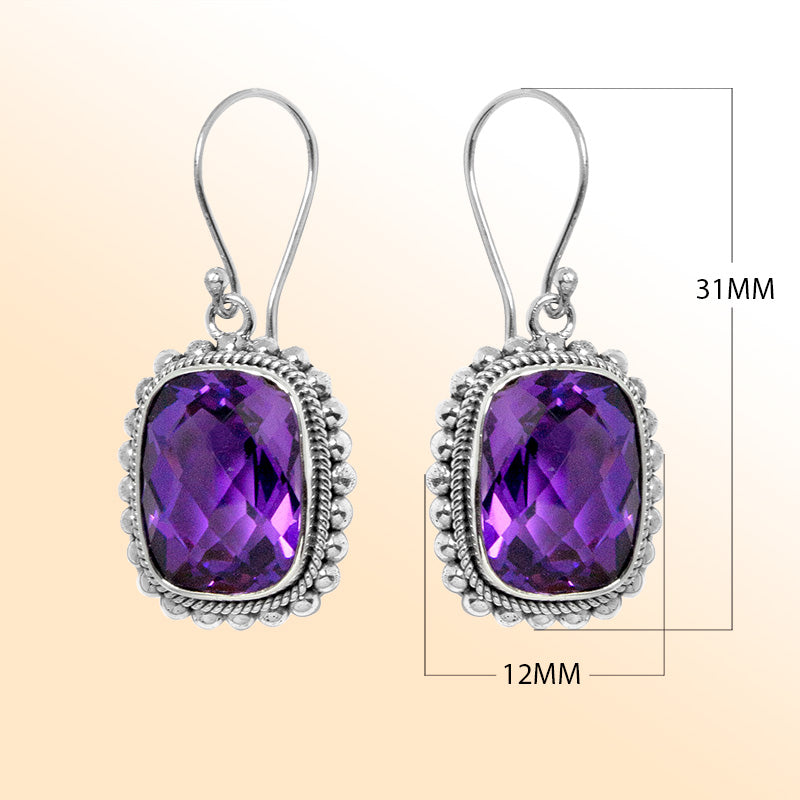 Elegant silver earrings with faceted purple Amethyst Quartz and beaded edging