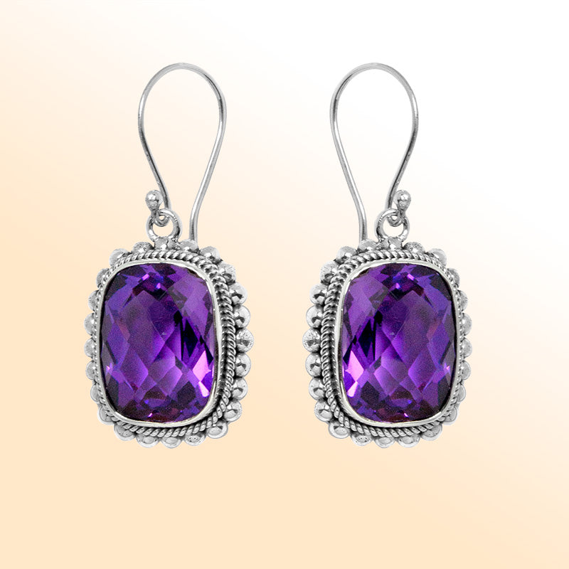 Elegant silver earrings with faceted purple Amethyst Quartz and beaded edging