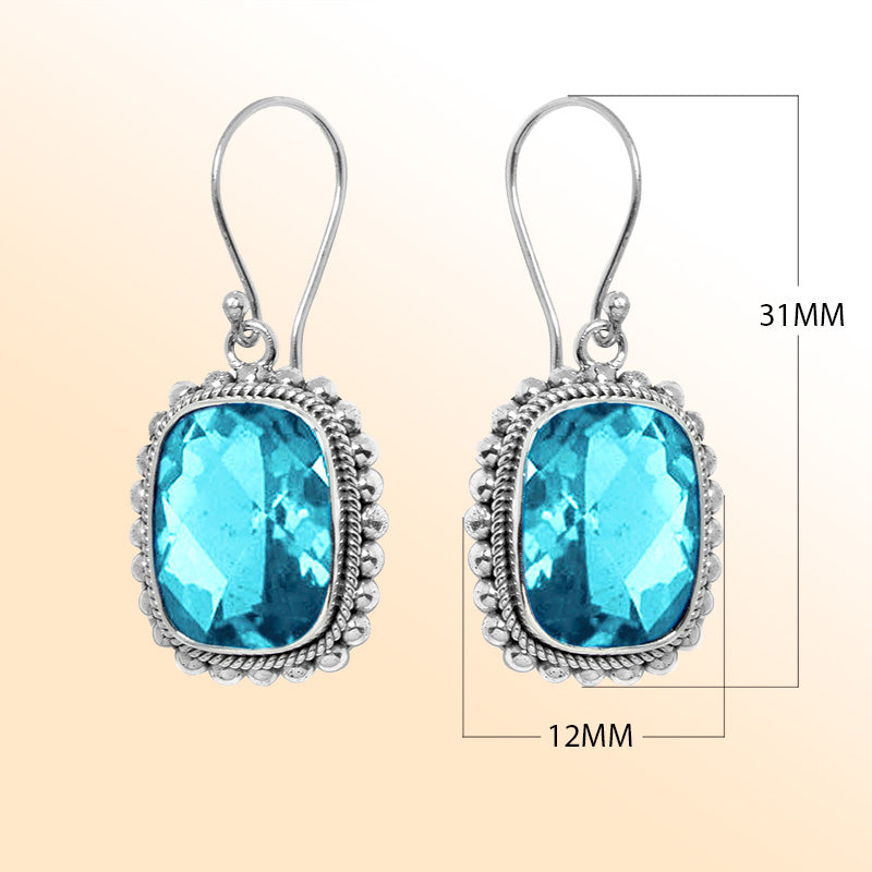Elegant silver earrings with faceted Blue Topaz Quartz and decorative beading