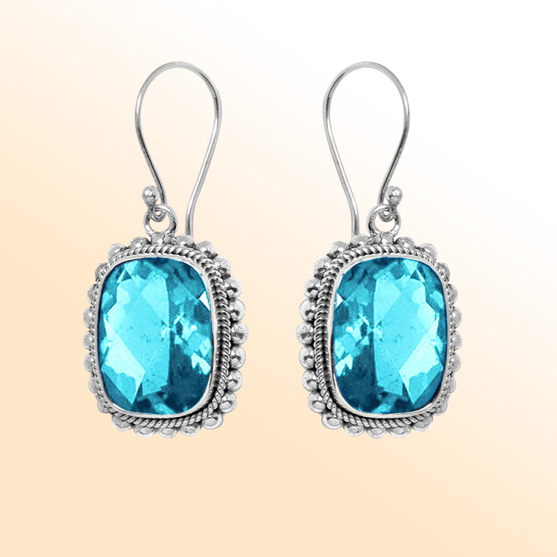 Elegant silver earrings with faceted Blue Topaz Quartz and decorative beading