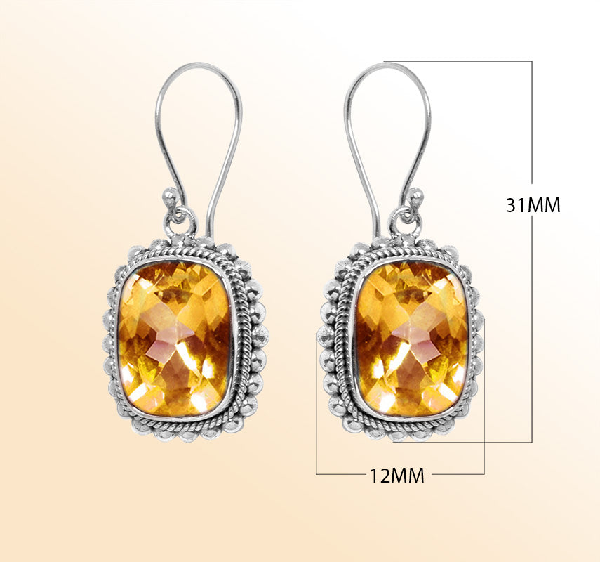 Cushion Citrine Quartz silver drop earrings with artistic beaded frame