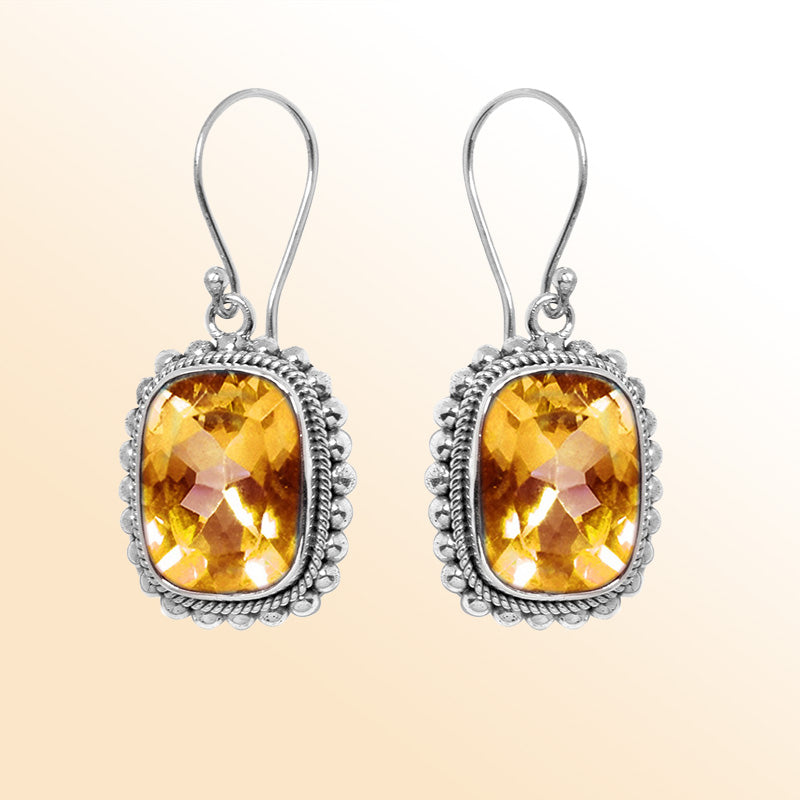 Cushion Citrine Quartz silver drop earrings with artistic beaded frame