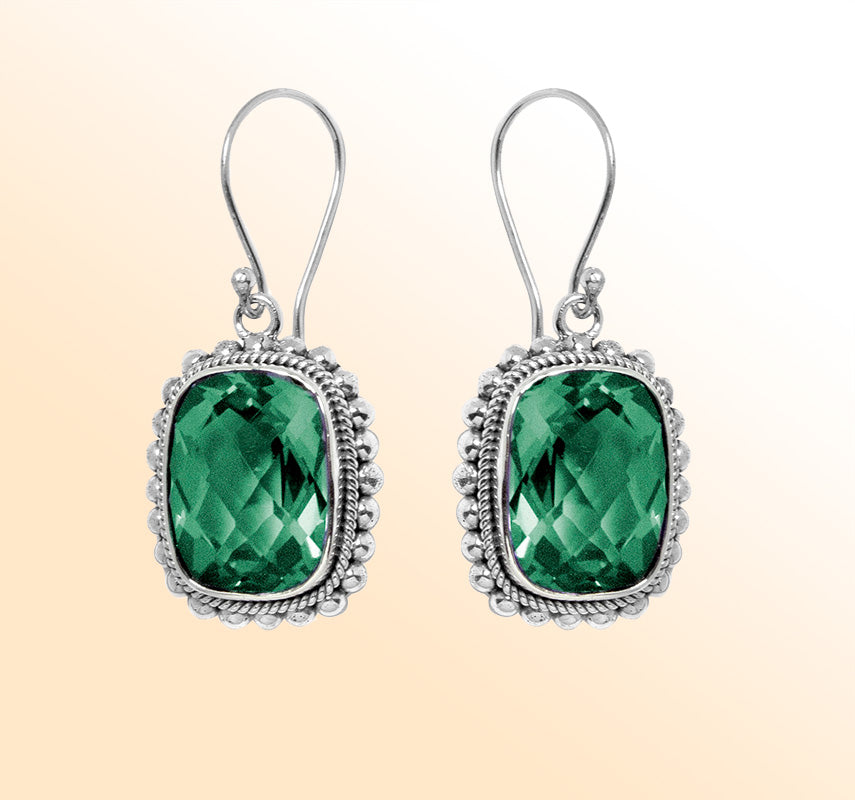 Sterling Silver Green Quartz Cushion Earrings Handcrafted In Bali Indonesia