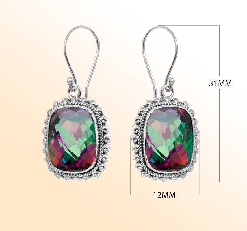 Cushion Mystic Quartz silver drop earrings with artistic beaded border