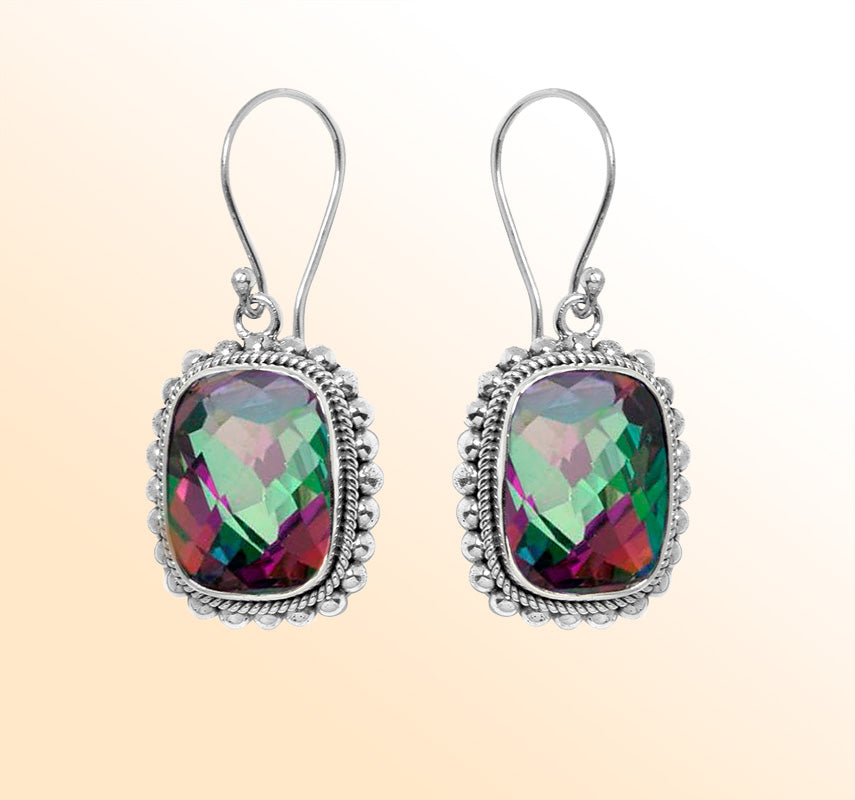 Cushion Mystic Quartz silver drop earrings with artistic beaded border