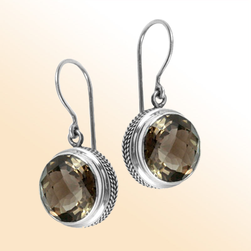 Elegant Smokey Topaz Quartz round earrings with rope border