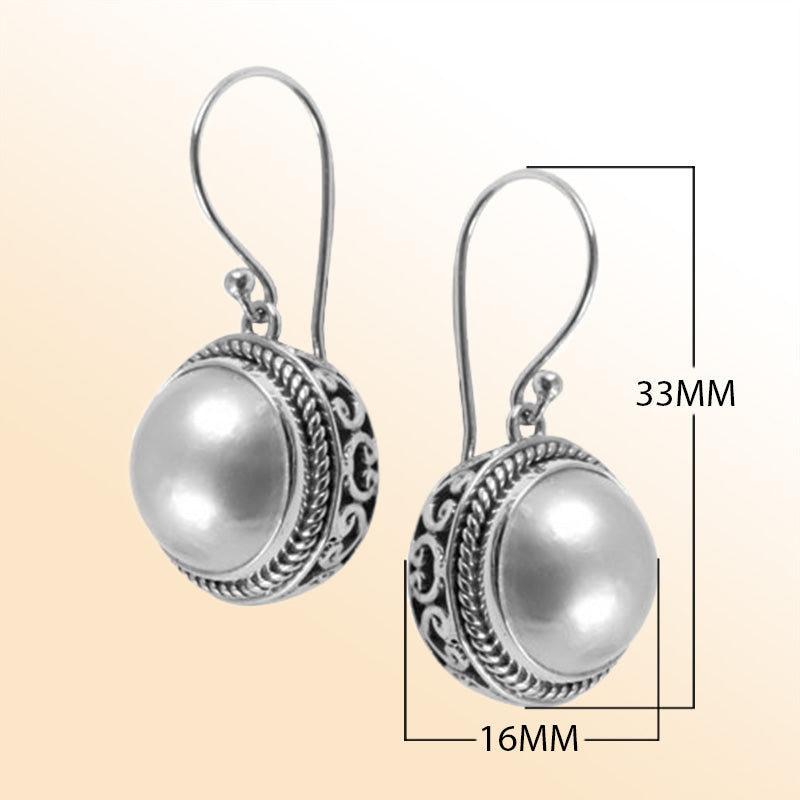 Sterling Silver Bali Handcrafted Round Drop Earrings With Mabe Pearl And Oxidized Silver Finish