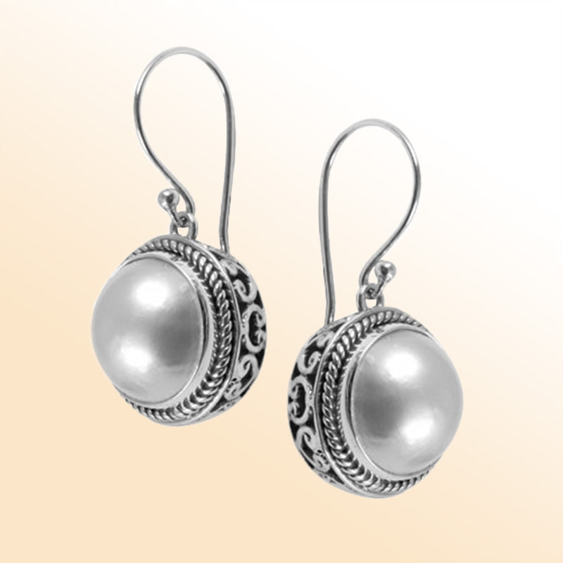 Sterling Silver Bali Handcrafted Round Drop Earrings With Mabe Pearl And Oxidized Silver Finish