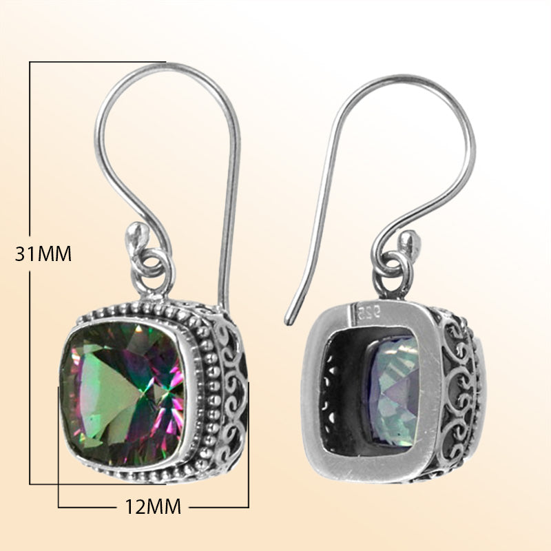 Sterling silver artisan cushion drop earrings featuring Mystic Quartz with ornate detailing and earwire lock.