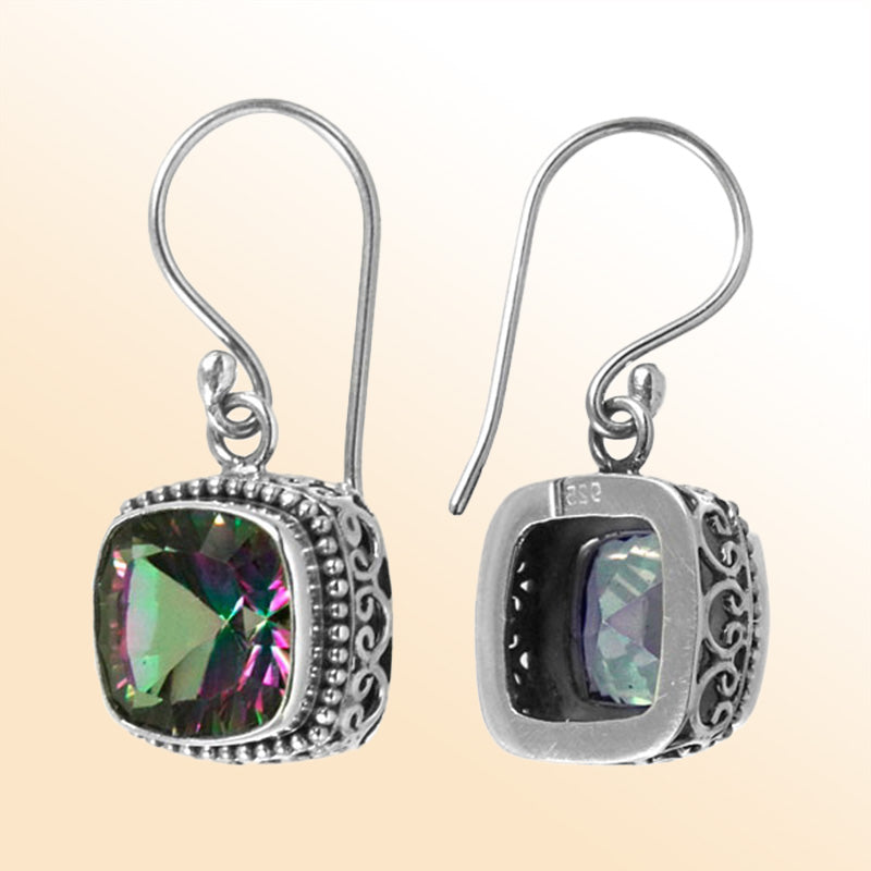 Sterling silver artisan cushion drop earrings featuring Mystic Quartz with ornate detailing and earwire lock.