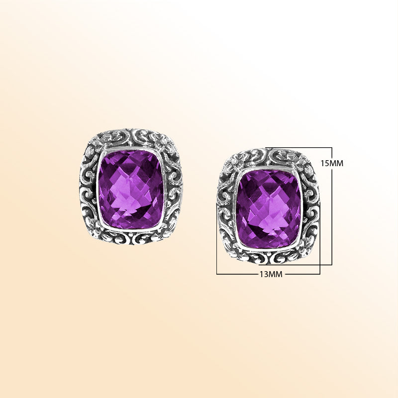 Sterling silver ornate Amethyst Quartz cushion stud earrings with polished finish and push-back lock.