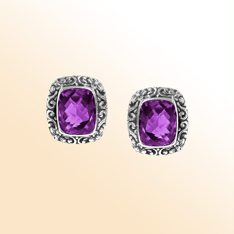 Sterling silver ornate Amethyst Quartz cushion stud earrings with polished finish and push-back lock.
