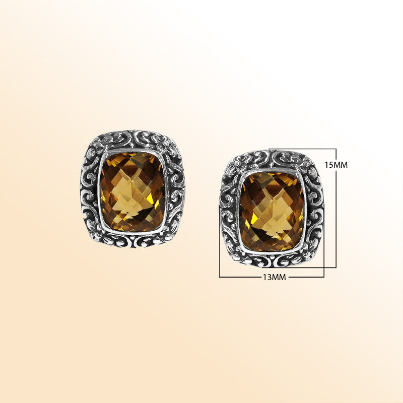 Sterling silver ornate Citrine Quartz cushion stud earrings with polished finish and push-back lock.