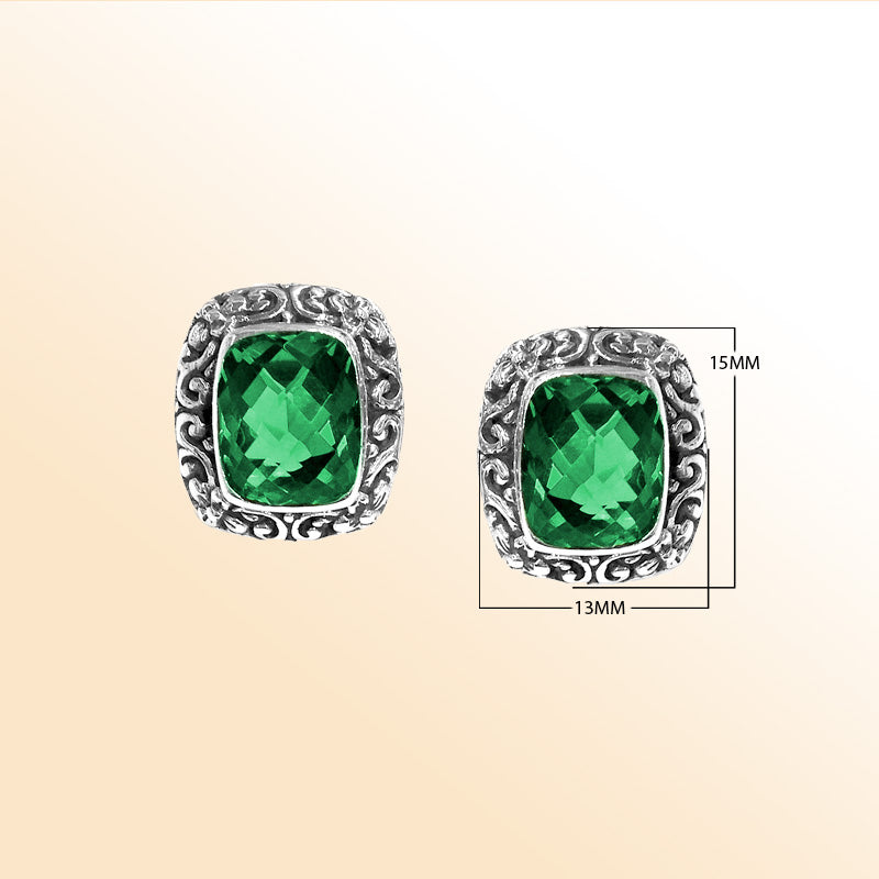 Sterling silver ornate Green Quartz cushion stud earrings with polished finish and push-back lock.