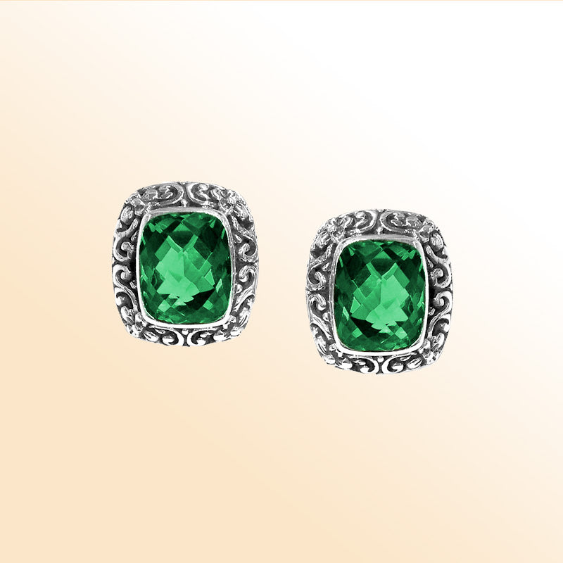 Sterling silver ornate Green Quartz cushion stud earrings with polished finish and push-back lock.
