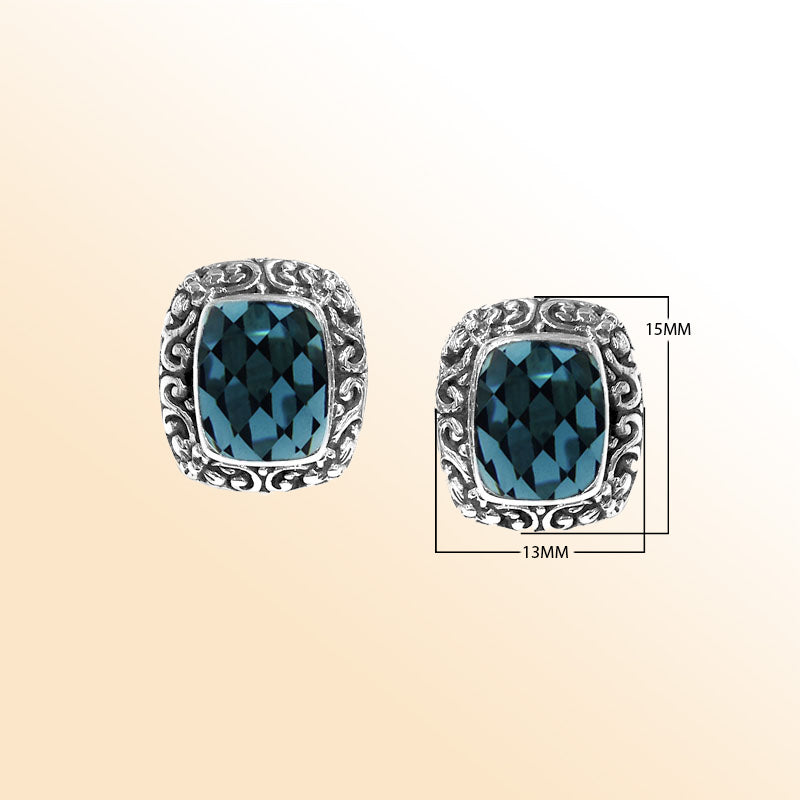 Sterling silver ornate London Blue Topaz Quartz cushion stud earrings with polished finish and push-back lock.
