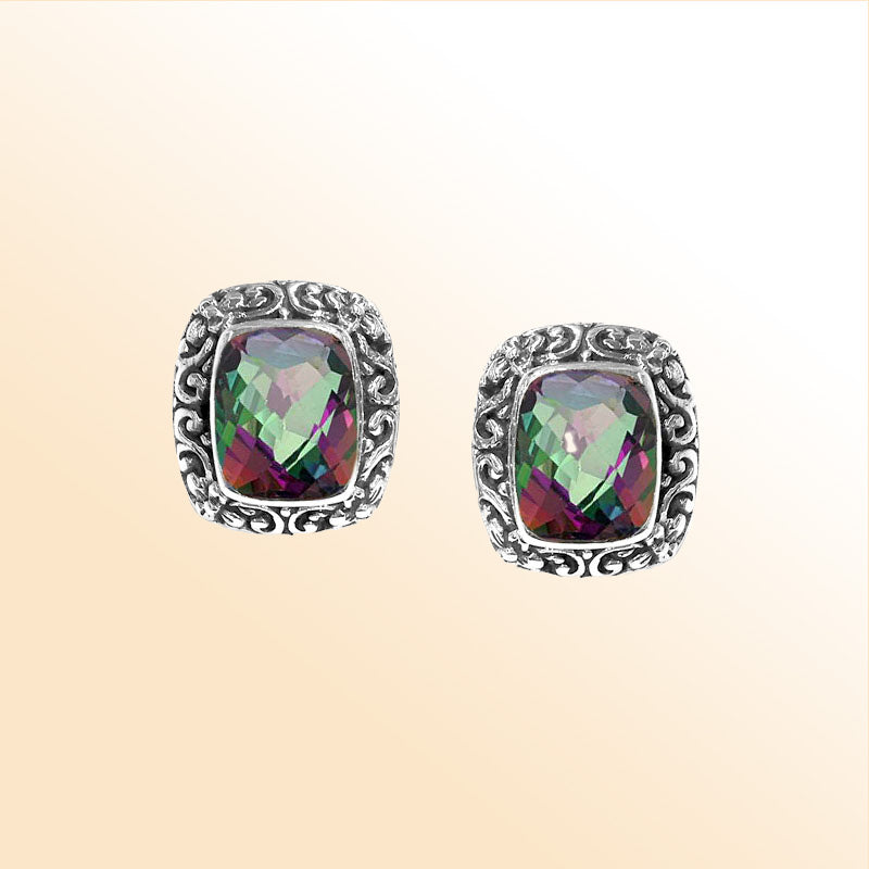 Sterling silver ornate Mystic Quartz cushion stud earrings with polished finish and push-back lock.