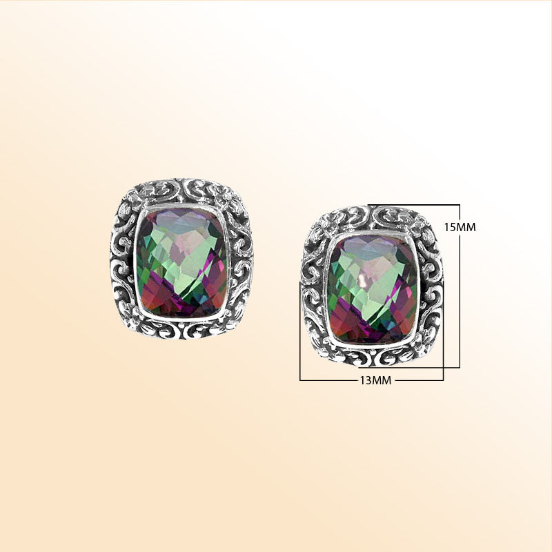 Sterling silver ornate Mystic Quartz cushion stud earrings with polished finish and push-back lock.