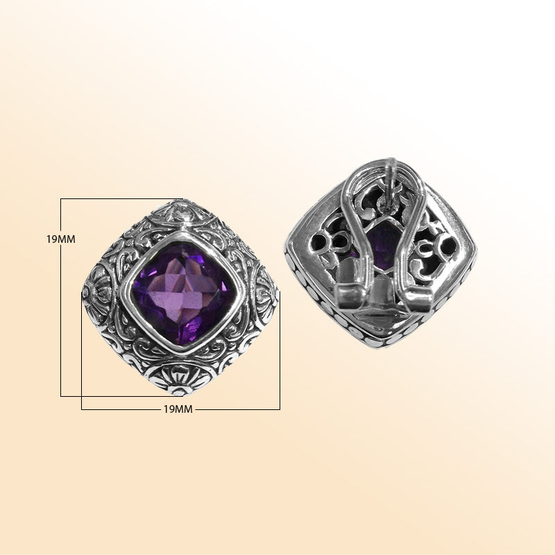 Sterling silver ornate Amethyst Quartz square Omega Clip earrings with polished finish.