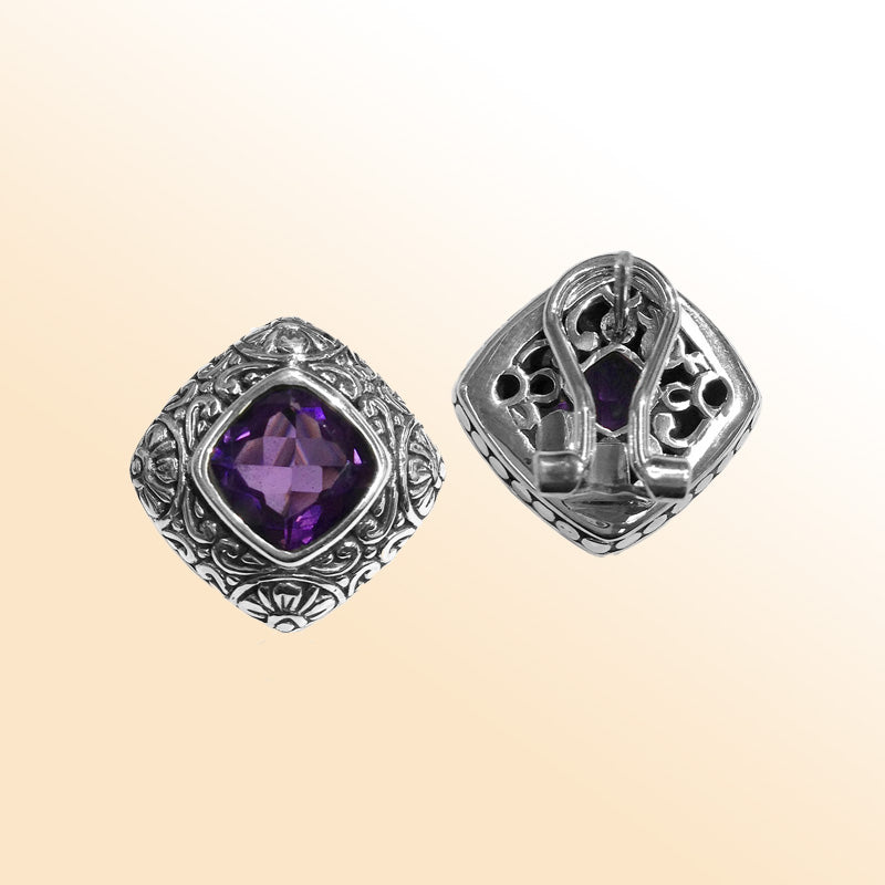Sterling silver ornate Amethyst Quartz square Omega Clip earrings with polished finish.