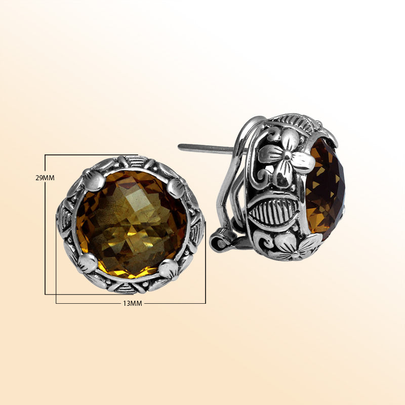 Sterling silver ornate Citrine Quartz floral crown Omega Clip earrings with polished finish.
